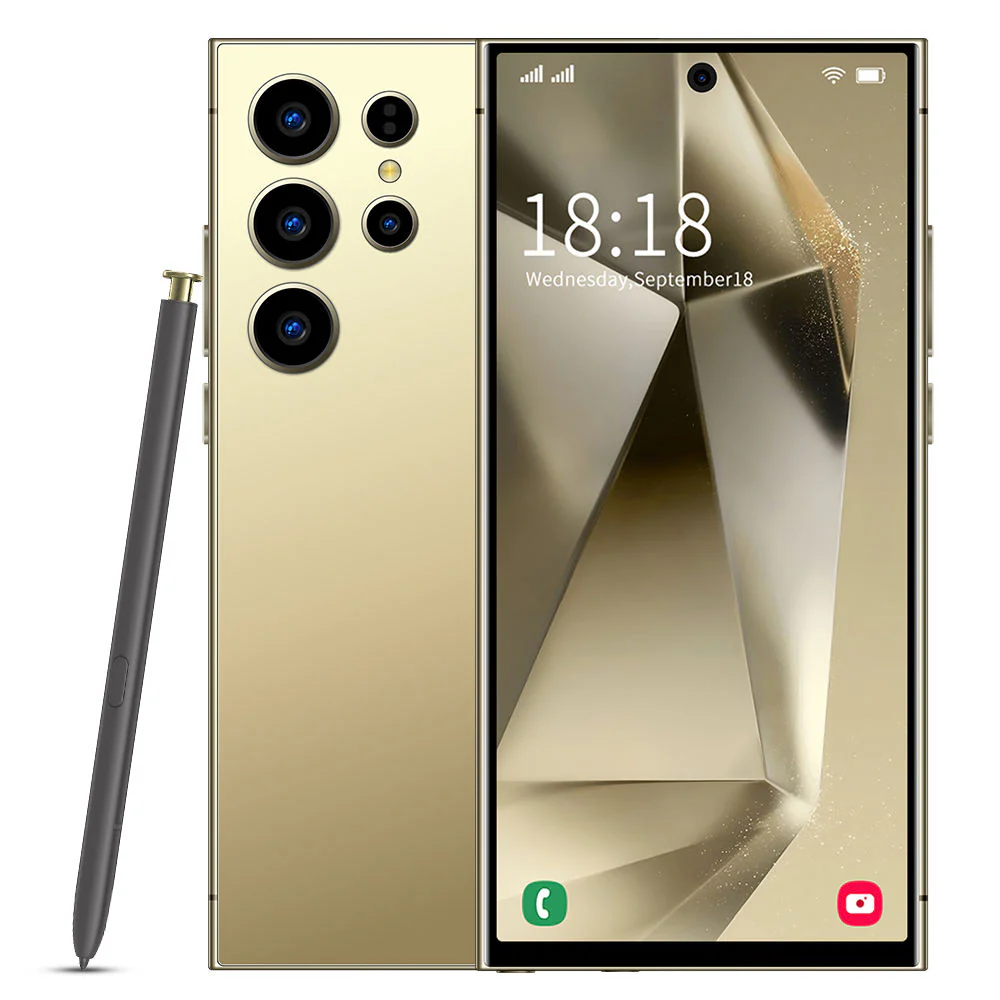 Smartphone S24 en color dorado con lápiz óptico, vista frontal y trasera